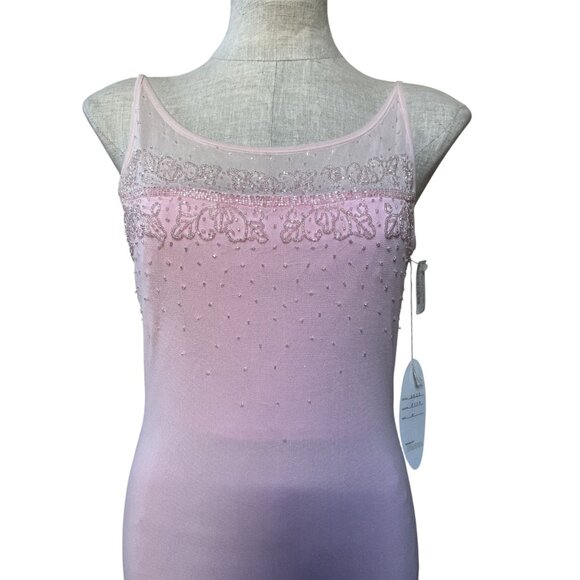Vintage 1990s NWT Cassandra Stone Beaded Blush Pink Mesh Tulle Maxi Prom Dress - Picture 5 of 10